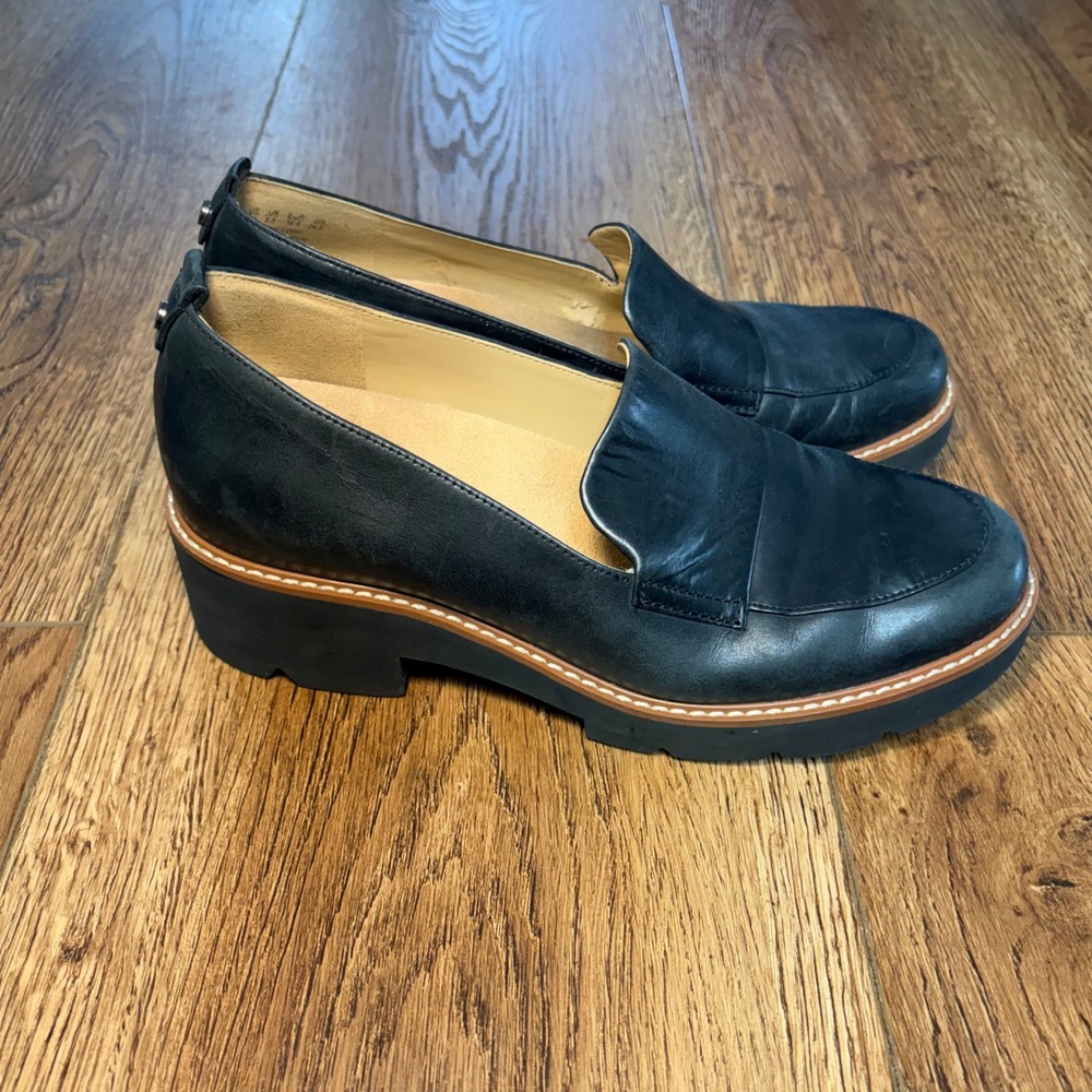Naturalizer Darry Black Leather Lug Sole Loafers Womens 8M Slip On Block Heel